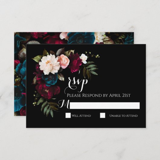 Elegante Black Floral Wedding RSVP Response Card (Vorne/Hinten)