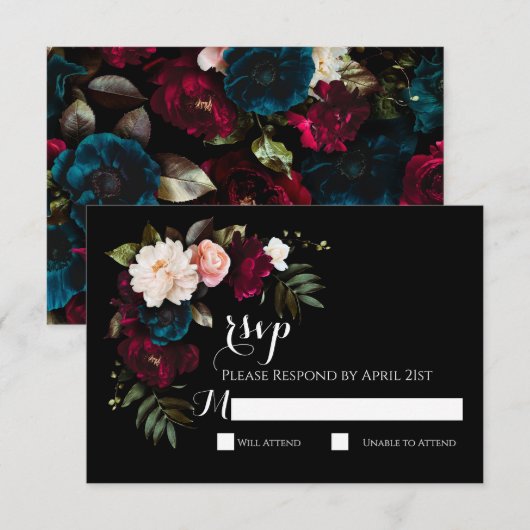 Elegante Black Floral Wedding RSVP Response Card Karte (Vorne/Hinten)