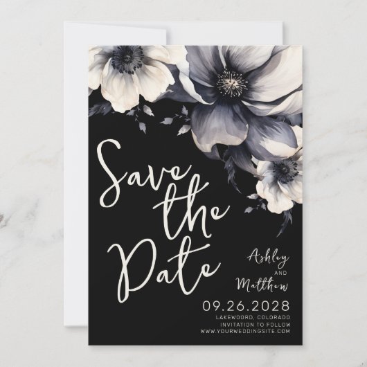 Elegante Black Floral Wedding Save The Date (Vorderseite)