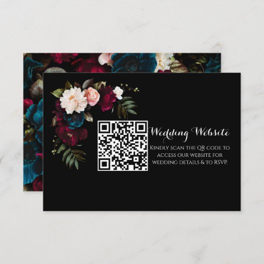 Elegante Black Floral Wedding Website QR Code Begleitkarte (Vorne/Hinten)