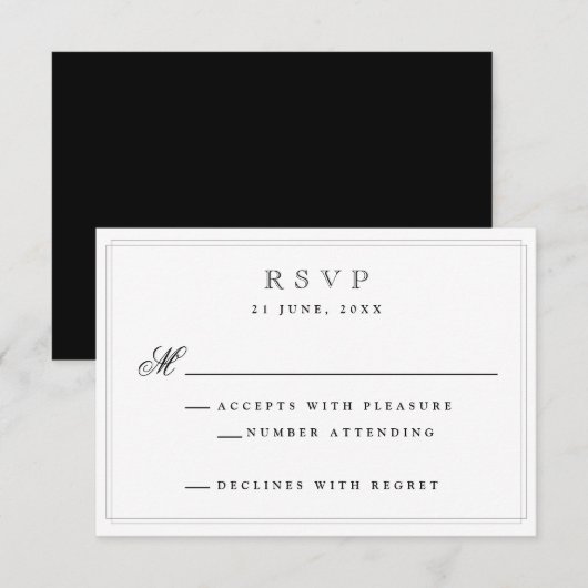 Elegante Black Formal Wedding RSVP Card Karte (Vorne/Hinten)
