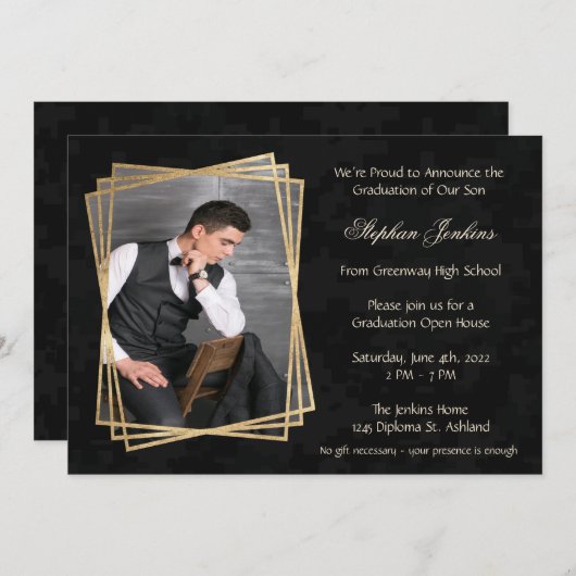 Elegante Black Foto Graduation Party Einladung (Vorne/Hinten)