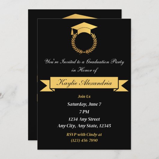 Elegante Black & Gold 2025 Abschluss Einladung (Vorne/Hinten)