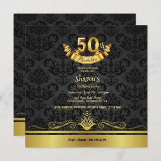 Elegante Black & Gold 50. Geburtstagsparty Einladu Einladung