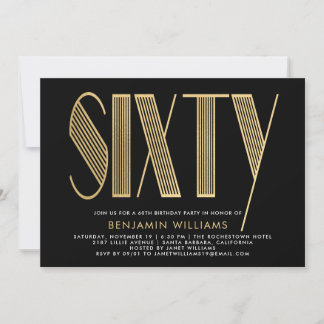 Elegante Black & Gold 60. Geburtstagsparty Einladung