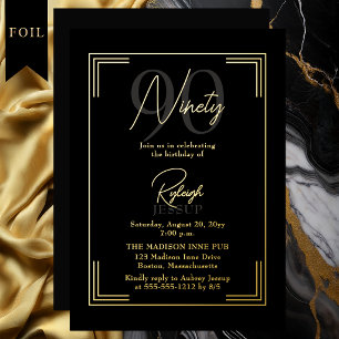 Elegante Black Gold 90. Geburtstags Art Deco Party Folieneinladung