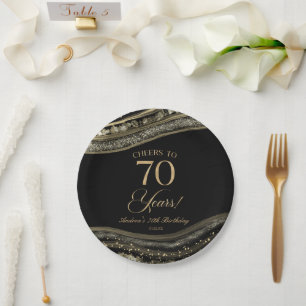 Elegante Black Gold Agate 70. Geburtstagsparty Pappteller
