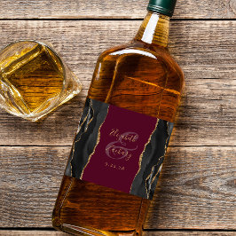 Elegante Black Gold Agate Burgundy Wedding Alkoholflaschenetikett