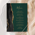 Elegante Black Gold Agate Dark Green Wedding Menükarte<br><div class="desc">Die links Seite dieses eleganten,  modernen Hochzeitsmenüs besticht durch einen schwarzen Aquarellrahmen,  der mit vergoldetem Imitat-Glitzer besticht. Der anpassbare Text kombiniert goldfarbene Handschrift-Skripte mit Copperplate-Schriftart auf einem dunkelgrünen Hintergrund. Die Rückseite ist mit einem passenden schwarz-goldenen Age-Design versehen.</div>