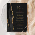 Elegante Black Gold Agate Dark Wedding Menükarte<br><div class="desc">Die links Seite dieses eleganten,  modernen Hochzeitsmenüs besticht durch einen schwarzen Aquarellrahmen,  der mit vergoldetem Imitat-Glitzer besticht. Der anpassbare Text kombiniert goldfarbene Handschrift-Skripte und Copperplate-Schriftart auf schwarz schwarzem Hintergrund. Die Rückseite ist mit einem passenden schwarz-goldenen Age-Design versehen.</div>