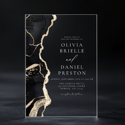 Elegante Black Gold Agate Hochzeit Eleganter Chic Acryleinladungen