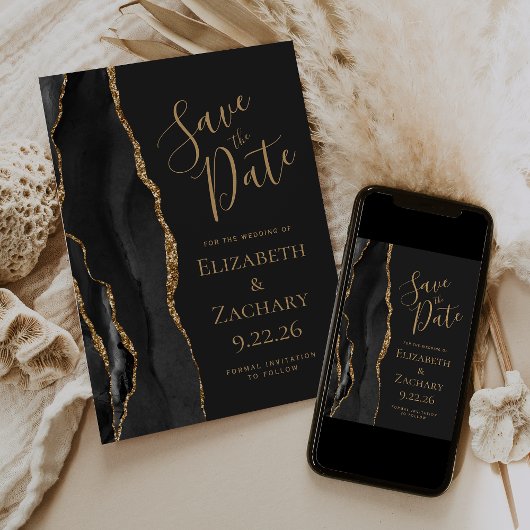 Elegante Black Gold Agate Save the Date Karte