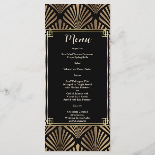 Elegante Black Gold Art Deco 1920er Hochzeit Menükarte (Vorderseite)