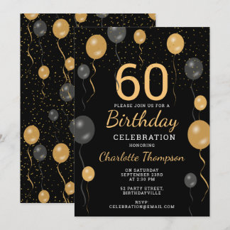 Elegante Black & Gold Ballons 60. Geburtstagsparty Einladung