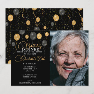 Elegante Black & Gold Ballons Foto Geburtstagspart Einladung