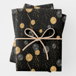 Elegante Black & Gold Ballons Geschenkpapier Set