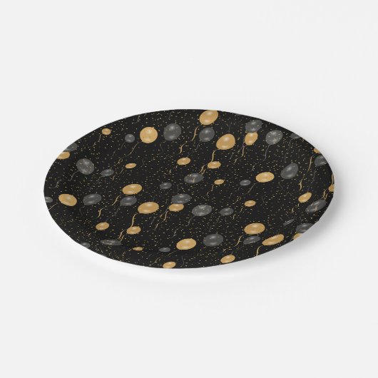 Elegante Black & Gold Ballons Pappteller (Schrägansicht)