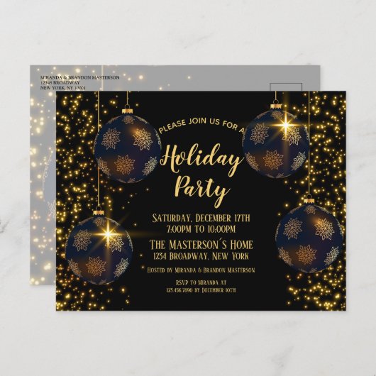 Elegante Black Gold Baubles Einladung Postkarte (Vorne/Hinten)