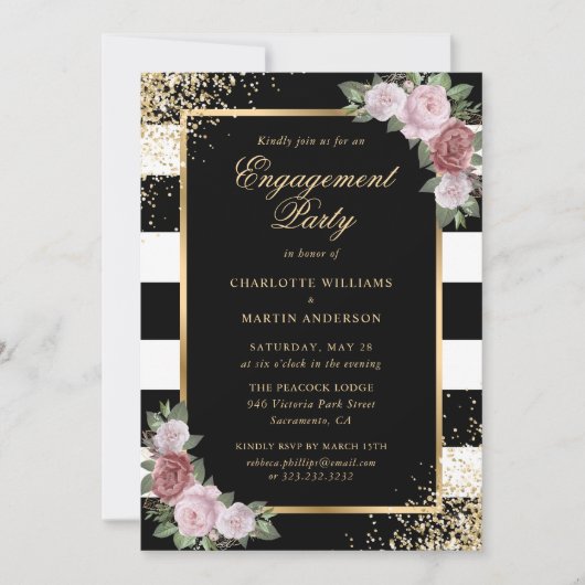 Elegante Black Gold Blush Floral Engagement Party Einladung (Vorderseite)