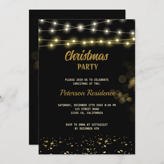 Elegante Black Gold Bow Weihnachtsfeier Einladung (Vorne/Hinten)