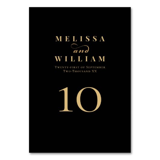 Elegante Black Gold Bride & Groom Wedding Tischnummer (Vorderseite)