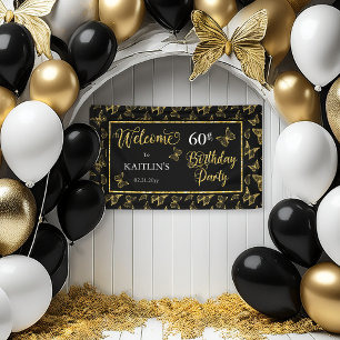 Elegante Black Gold Butterflies 60. Geburtstagspar Banner