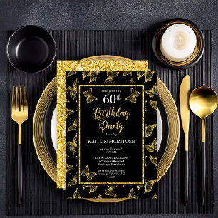 Elegante Black Gold Butterflies 60. Geburtstagspar Einladung
