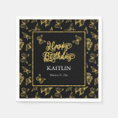 Elegante Black Gold Butterflies Happy Birthday Serviette (Vorderseite)