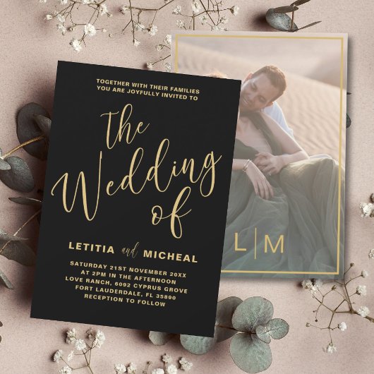 Elegante Black & Gold Calligrafy Wedding Einladung