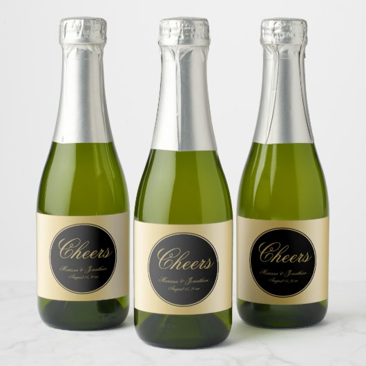 Elegante Black Gold Calligraphy Cheers Wedding Schaumweinetikett (Flaschen)