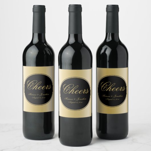 Elegante Black Gold Calligraphy Cheers Wedding Weinetikett (Flaschen)