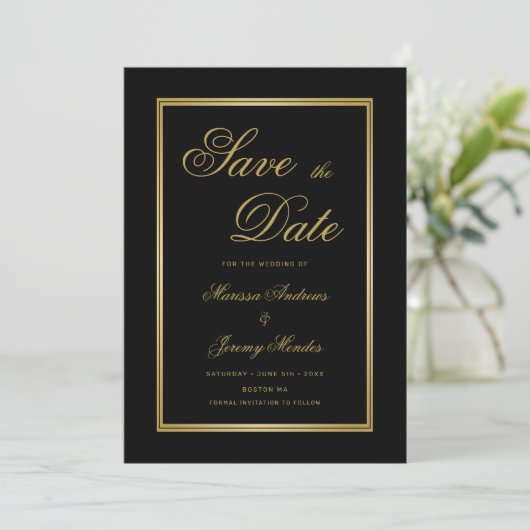 Elegante Black Gold Calligraphy Save the Date Einladung (Stehend Vorderseite)