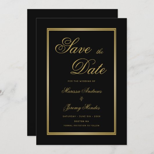 Elegante Black Gold Calligraphy Save the Date Einladung (Vorne/Hinten)