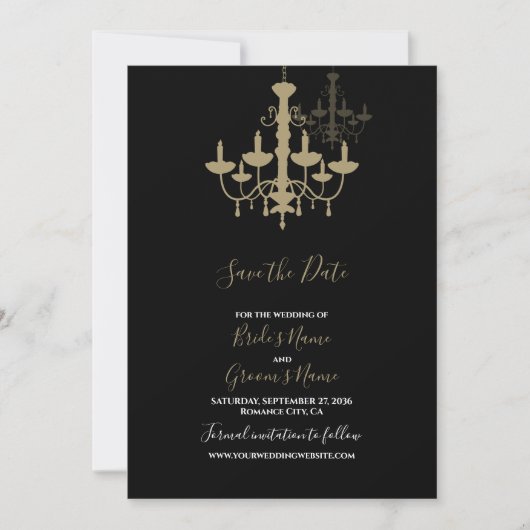 Elegante Black Gold Chandelier Wedding Save The Date (Vorderseite)