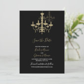 Elegante Black Gold Chandelier Wedding Save The Date (Stehend Vorderseite)