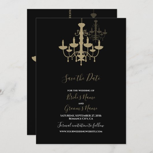 Elegante Black Gold Chandelier Wedding Save The Date (Vorne/Hinten)