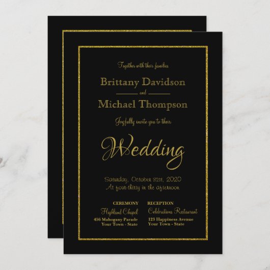 Elegante Black Gold Church Wedding Einladung (Vorne/Hinten)