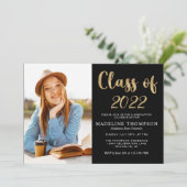 Elegante Black Gold Class of Foto Abschluss Einladung (Stehend Vorderseite)