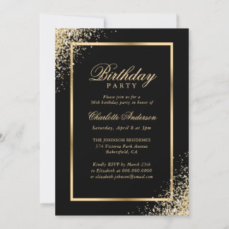 Elegante Black Gold Confetti Geburtstagsparty Einladung