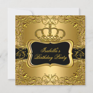 Elegante Black Gold Crown Floral Geburtstagsparty Einladung