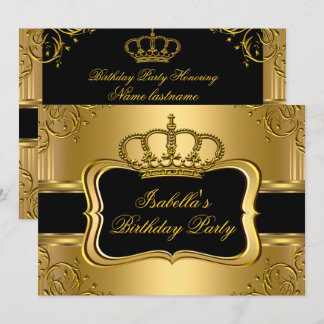 Elegante Black Gold Crown Floral Geburtstagsparty  Einladung