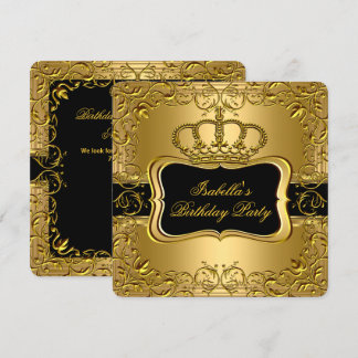 Elegante Black Gold Crown Floral Geburtstagsparty  Einladung