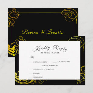 Elegante Black Gold Curls Hochzeitsdinner RSVP Karte