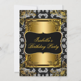 Elegante Black Gold Damask Brocade Geburtstagspart Einladung