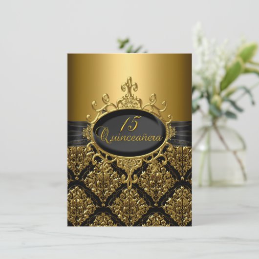 Elegante Black Gold Damask Quinceanera Einladung (Stehend Vorderseite)