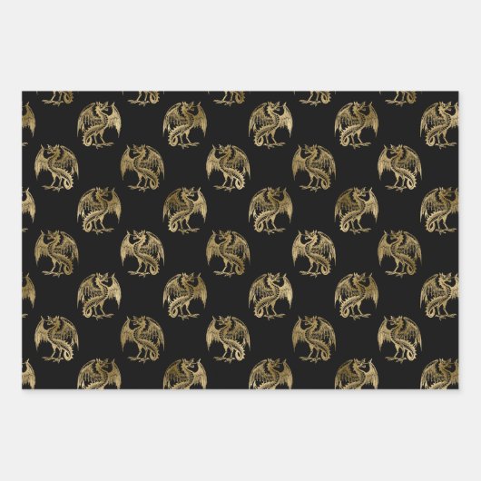 Elegante Black Gold Dragon Wrapping Paper Sheets Geschenkpapier Set (Vorderseite 2)