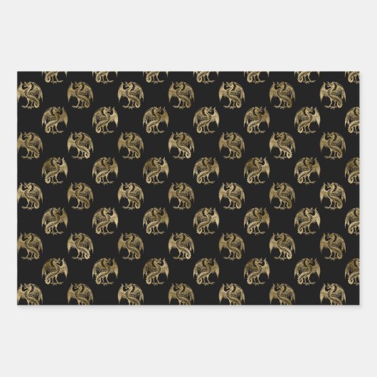 Elegante Black Gold Dragon Wrapping Paper Sheets Geschenkpapier Set (Vorderseite)