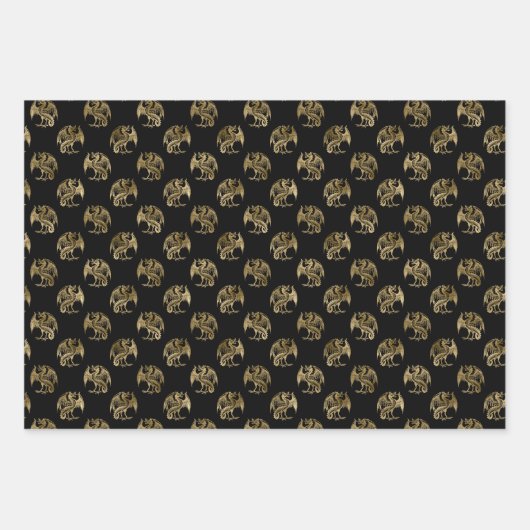 Elegante Black Gold Dragon Wrapping Paper Sheets Geschenkpapier Set (Vorderseite 3)