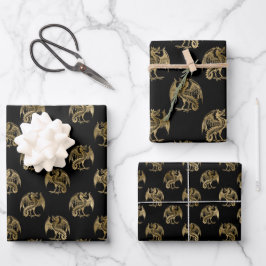 Elegante Black Gold Dragon Wrapping Paper Sheets Geschenkpapier Set