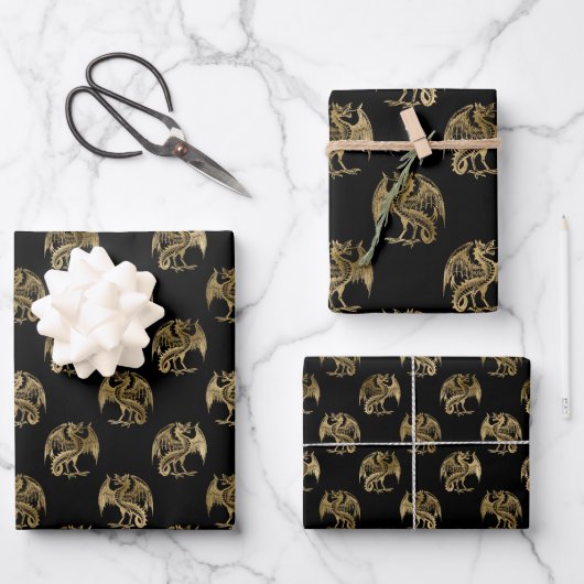 Elegante Black Gold Dragon Wrapping Paper Sheets Geschenkpapier Set (Vorderseite)